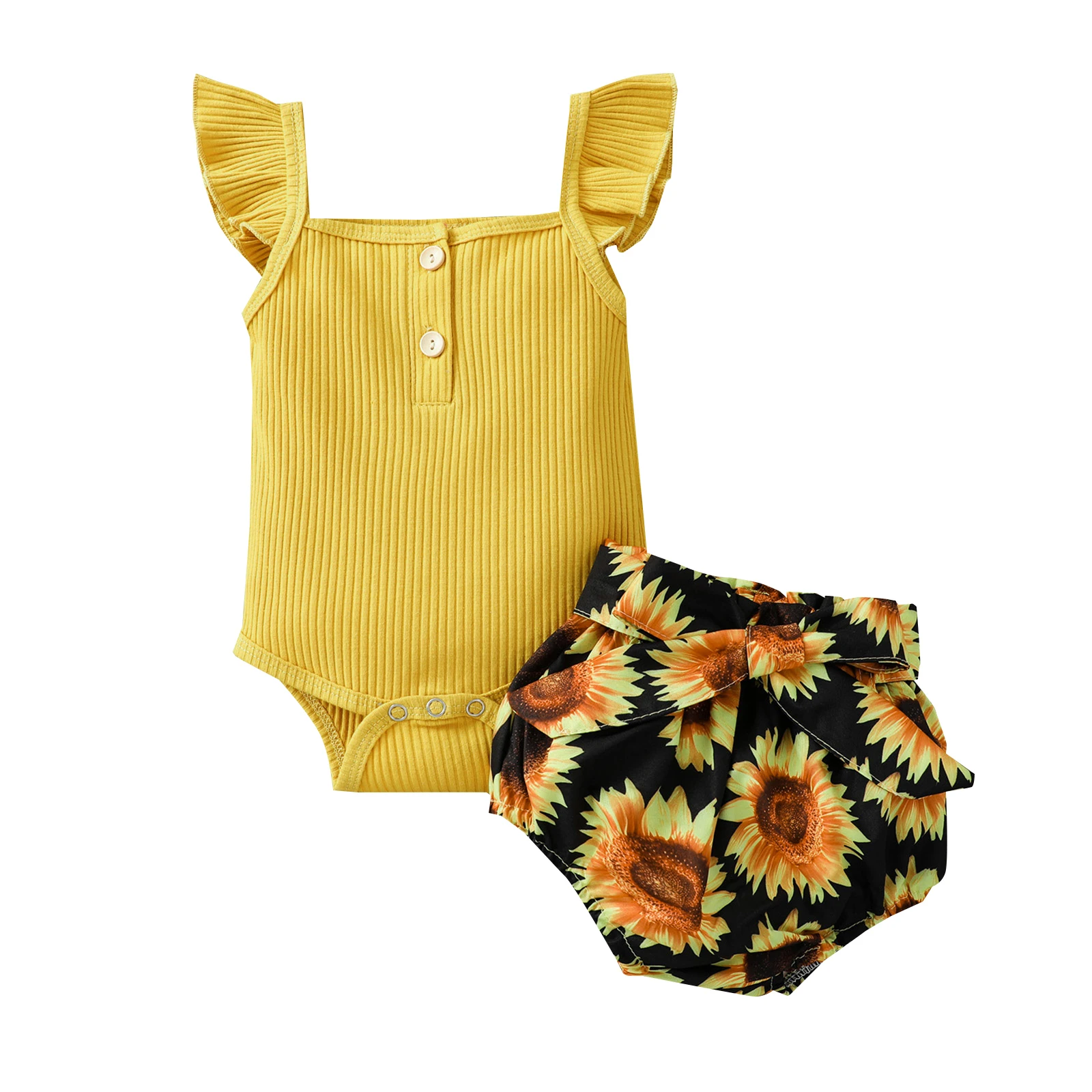 

Newborn Infant Baby Girls Clothes Outfits Kids Ruffles Sleeve Romper Top + Sunflower Print Bow Shorts + Headband Sets 6M- 3Y