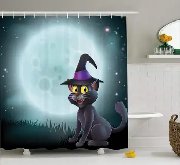 

Halloween Shower Curtain Cartoon Cat Wearing Witch Hatr Full Moon Night Fantasy Landscape Scary Forest Fabric Bathroom Decor Set