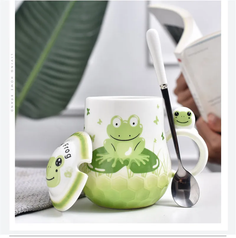 Креативная термостойкая кружка с 3d-изображением животных, чашка с крышкой 380 мл, кофейные керамические кружки с лягушкой, детская офисная кружка, подарок