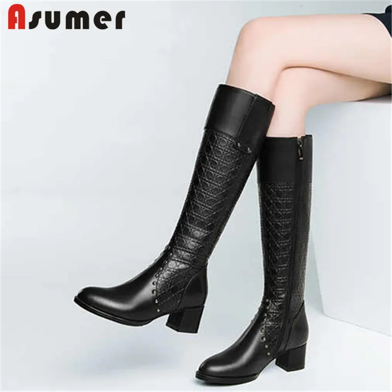 

ASUMER large size 34-45 fashion pu+cow leather boots women round toe zip autumn winter boots square high heels knee high boots