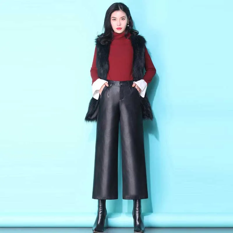2020 Female High Waist Leather Pants Leather Summer New Fashion Korean Loose Straight Pu Trousers For Women Office Casual Pants