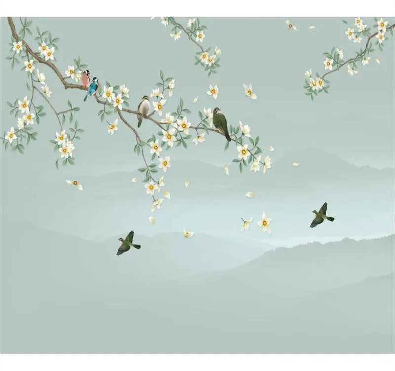

Custom mural wallpaper home decoration new Chinese style elegant hand painting flowers and birds background wall