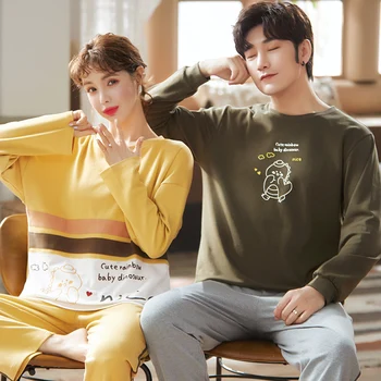 

Cotton Cartoon Winter Couple Pajamas Set O-Neck Casual Nightwear Long Sleeve Top + Long Pants Sleepwear Lovers Homewear