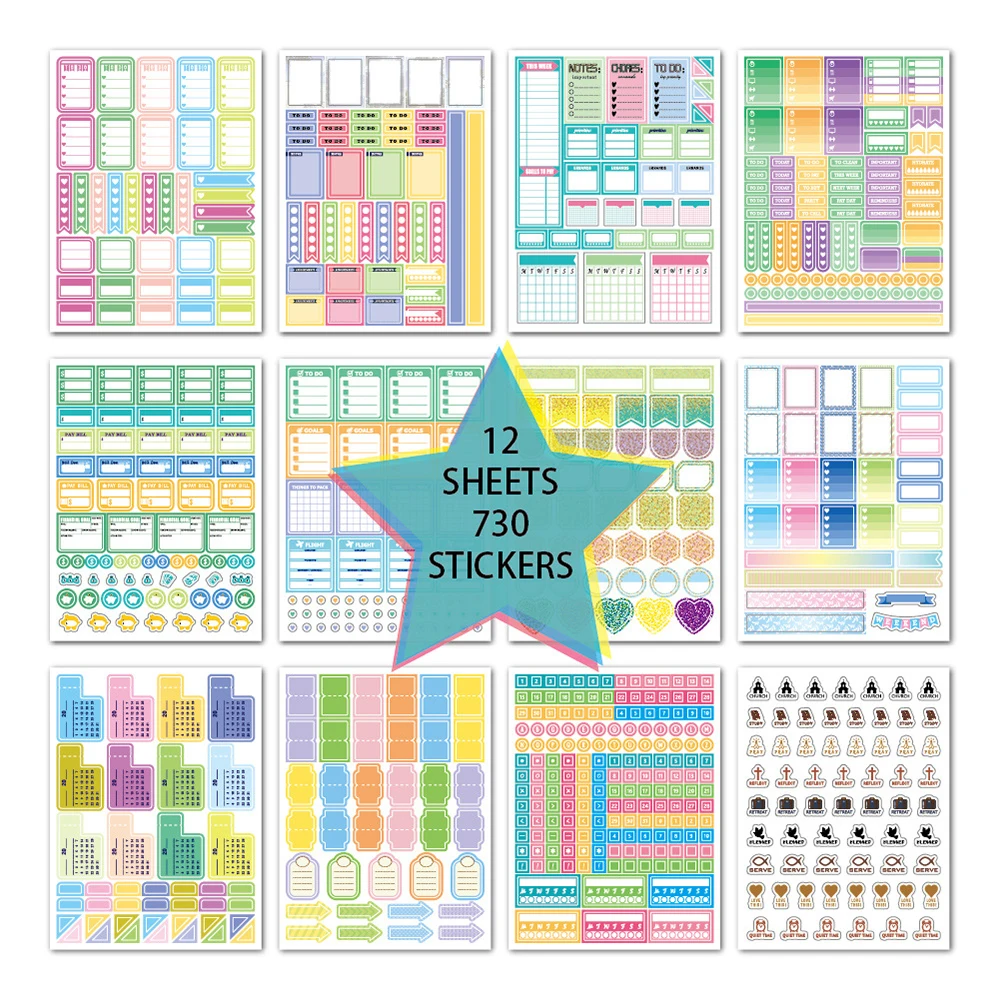 730Pcs Planner Stickers for Diary Accessories Stickers Notebook DIY Material Scrapbooking Stickers for Notebooks Stationery 1 sheet kawaii cartoon 3d puffy llama alpaca stickers stationery accessories for planner journal notebook diary scrapbooking