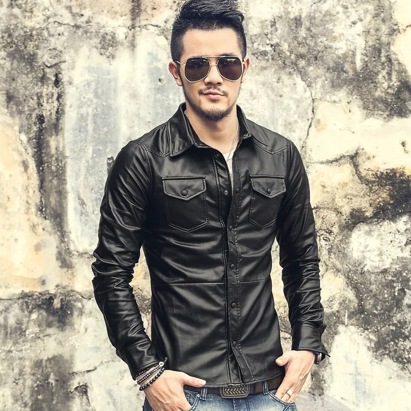 Модные Мужские приталенные рубашки из искусственной кожи, Camisas Hombre, мотоциклетные однобортные топы из искусственной кожи, повседневные рубашки с длинным рукавом