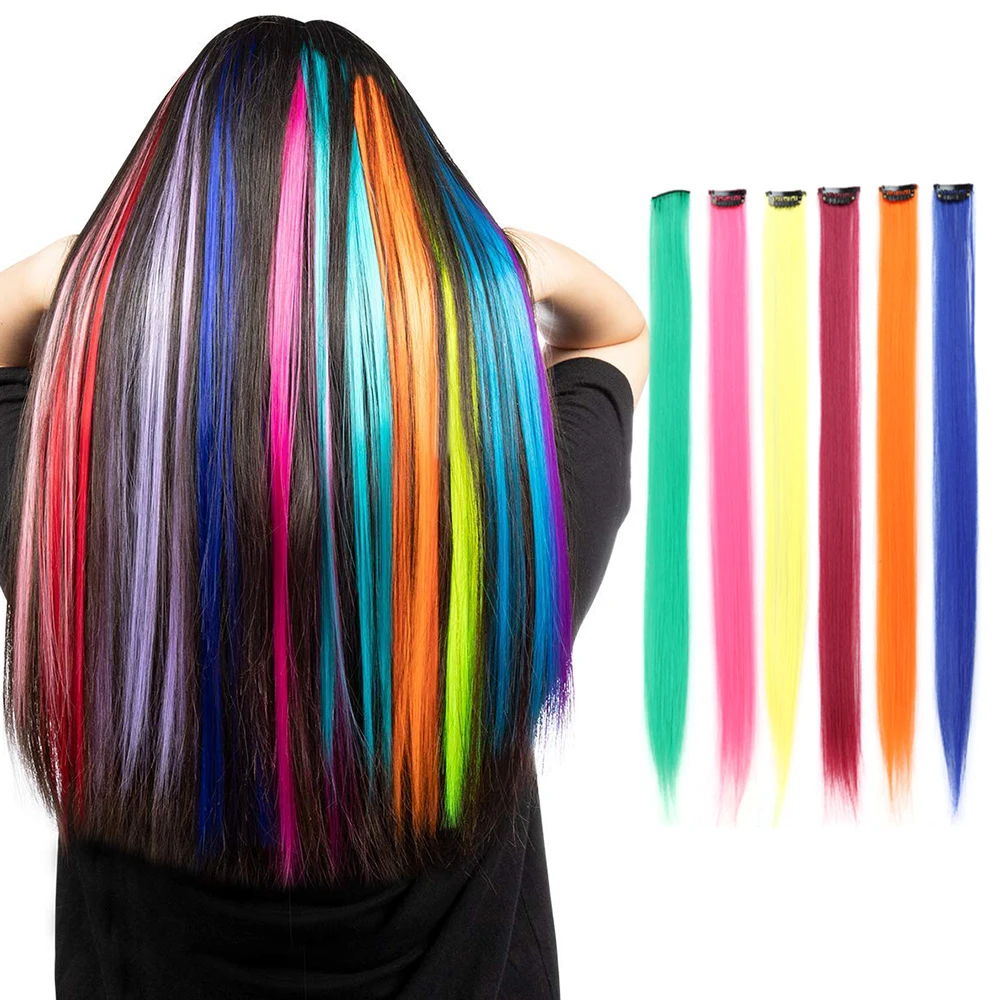 Long Straight Colored Strands Of Hair On Hairpins Synthetic False Clips In Hair Extensions Fake Rainbow Overhead Strands Tress