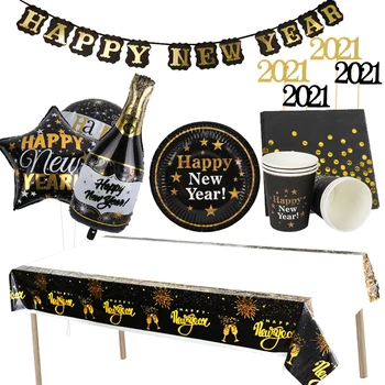

63pcs Happy New Year Party Set Disposable Tableware kit Included Banner balloons cake toppers for 2021 New Year Christmas Noel