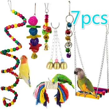 

7Pcs/set Pet Parrot Hanging Toy Chewing Bite Rattan Balls Grass Swing Bell Bird Parakeet Cage Accessories Bird Toys Pet Supplies