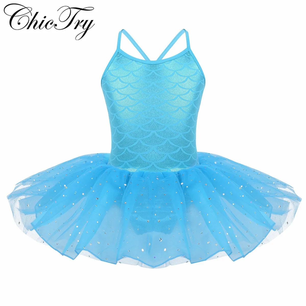 

Kids Girls Sparkly Mermaid Costume Scales Pattern Printed Ballet Dance Gymnastics Leotard Tutu Dress Stage Performance Clothes