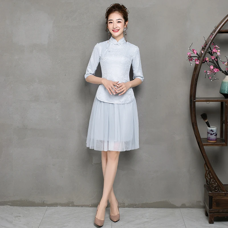 2 Pieces Set Elegant Cheongsam Half Sleeve Gray Bridesmaid Dress for Women Vestido Dresses Prom Guest Party Dresses Qipao Sister