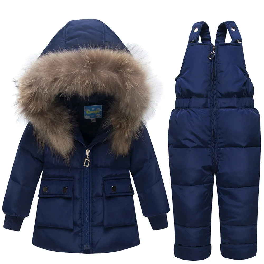 Зимние теплые пуховики для маленьких девочек Зимний лыжный костюм для маленьких мальчиков комплекты детской одежды пуховая верхняя одежда пальто+ брюки-30 градусов
