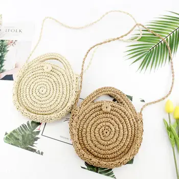 

Round Hollow Rattan Storage Bag New Fashion Handmade Ladies Bohemian Beach Tote Sen Portable Messenger Hanging Organizer Bag
