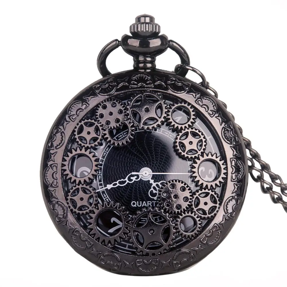 

New Fashion Antique Quartz Pocket Watches Vintage Black Gear Dial Hollow Clock With Fob Chain Watch CF1036