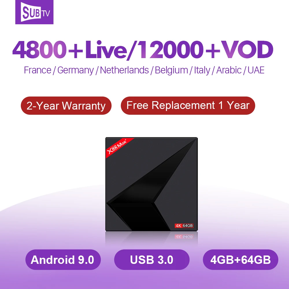 

France IP TV Android 9.0 SUBTV Box X88 MAX 4+64G Support BT Dual-Band WIFI IPTV 1 Year France Arabic Dutch Belgium IPTV Box