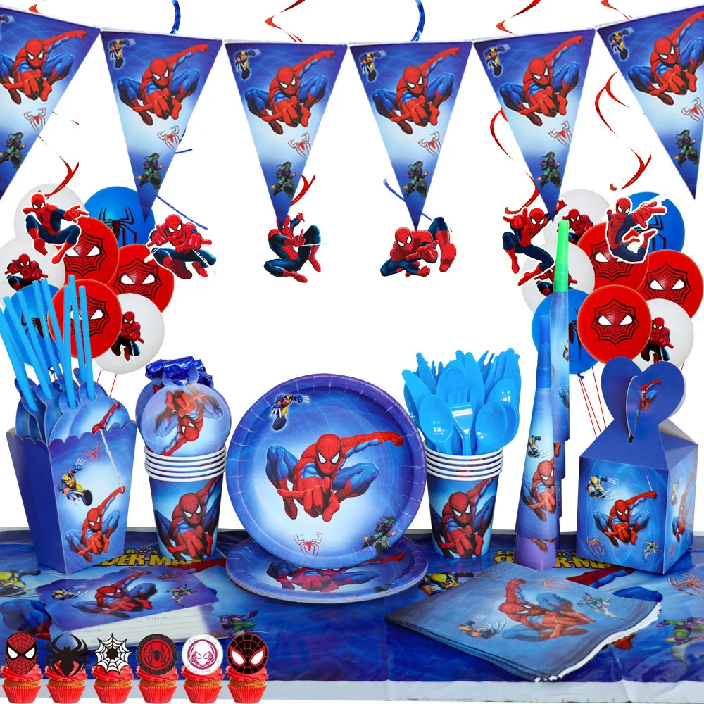 Décorations thème Spiderman pour fête d'anniversaire, drapeau en papier,  tasse, assiette, paille, Nakpin, fournitures de fête pour enfants, Super