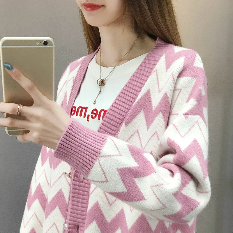 pink cardigan Neploe женские кардиганы винтажные геометрические женские весна-осень, кардиган Мода Корейская мода вязаная верхняя одежда свитера - Цвет: pink cardigan