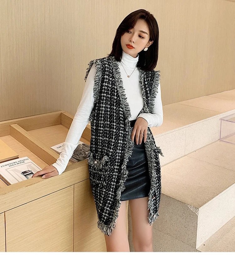 Women New Retro Black Beige Plaid Tweed Vest Houndstooth Waistcoat Pockets Long Sleeveless Tassel Jacket Outerwear Female Tops