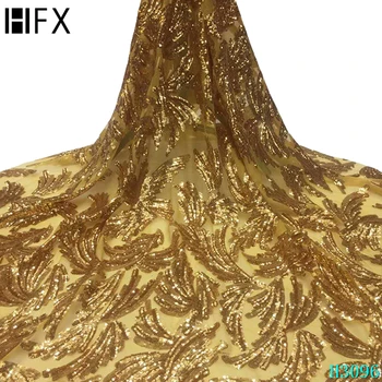 

HFX Latest African Laces 2020 High Quality Gold French Net Lace Mesh Fabric Sequins Tulle Lace Fabric For Nigerian Party Dress