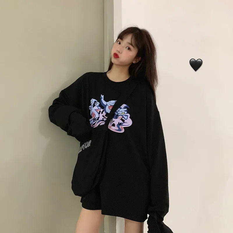 Lychee Harajuku дьявол Демон дух печати для женщин толстовка осень вырез лодочкой женский спортивный костюм черный Свободные Леди пуловеры