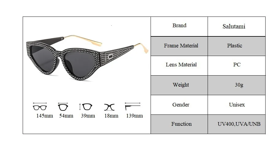 Fake Crystal Cat Eye Sunglasses For Women Luxury Brand Shiny Full Rivet Sun Glasses Female Vintage Round Party Shades Black