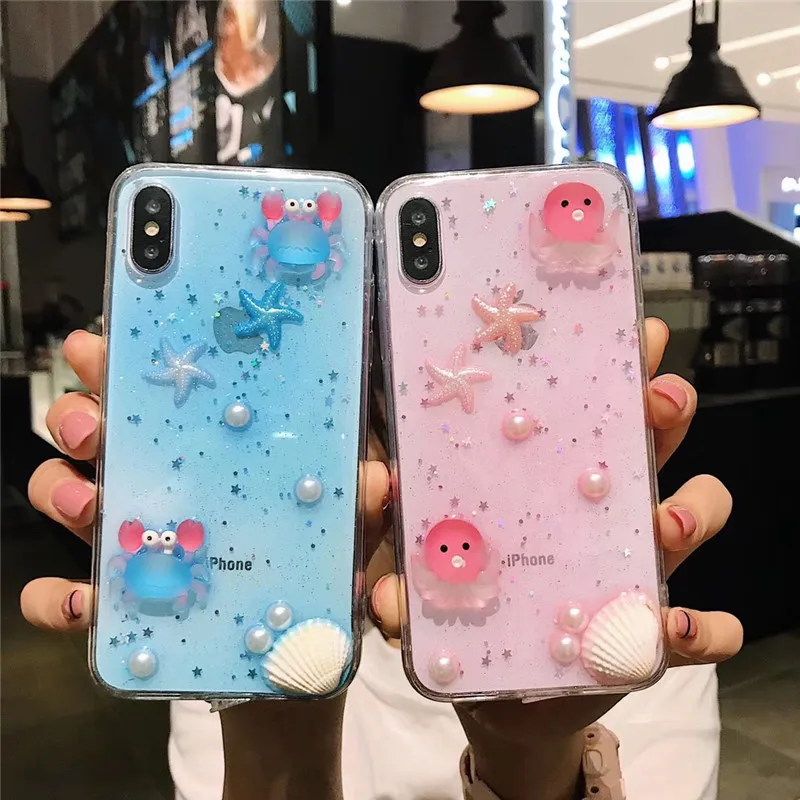 

Cute 3D Starfish Phone Case For Coque iPhone 11 Pro Max XR XS Max X 6 6S 7 8 Plus Pearls Conch Shell Sea Star Glitter Back Cover