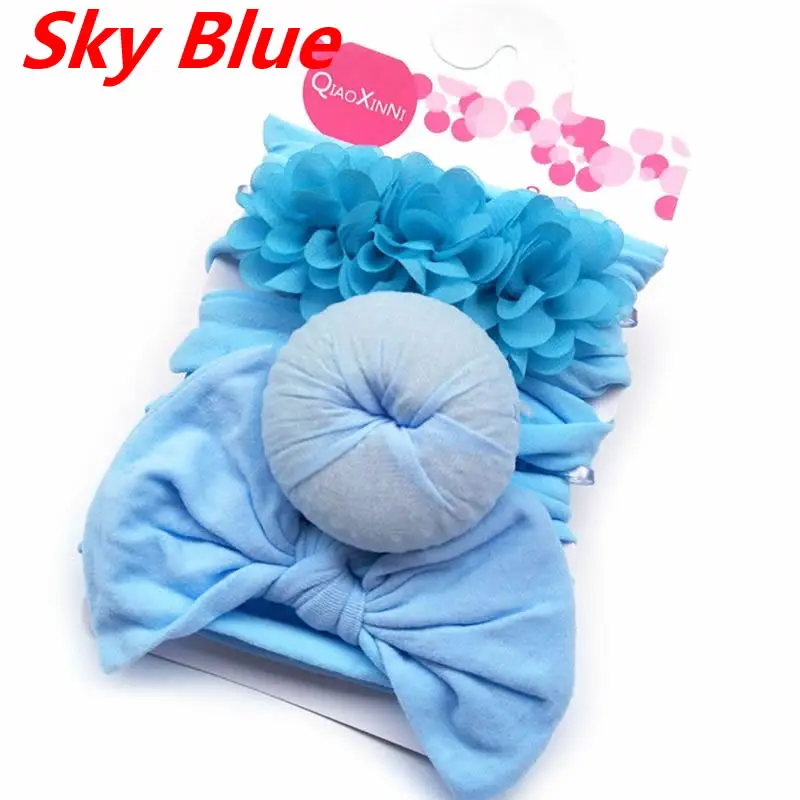 Sky Blue 3 шт./компл. мода нейлон Лук головная повязка для новорожденных платье-пачка с бантом, круглые шарики повязка для волос для девочек; детская одежда с цветочным принтом; в форме пончика повязка на голову, Новинка - Цвет: Sky Blue