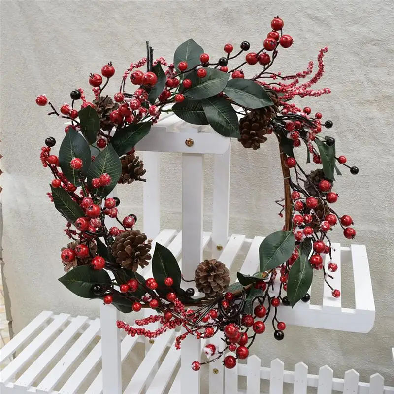 Новинка, модный Рождественский венок с красной ягодкой, подвесная гирлянда для двери, искусственные цветы, рождественские украшения, вечерние украшения для дома