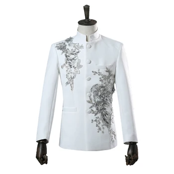 

Chinese Tunic Standing Collar Mens Suit Set Inlaid Diamond Classic Black Chic Party Host Club DJ Suit Blazer With Pants