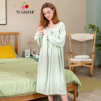 

New Products Pure Cotton Long Sleeve Nightgown Palace Style Spring Sweet Thin Simple GIRL'S Graceful Pajamas