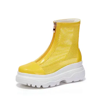 

2020 Quality Genuine Leather Women Summer Boots Fashion Zipper rouned Toe Platform Shoes Woman Brand Cowboy Boots