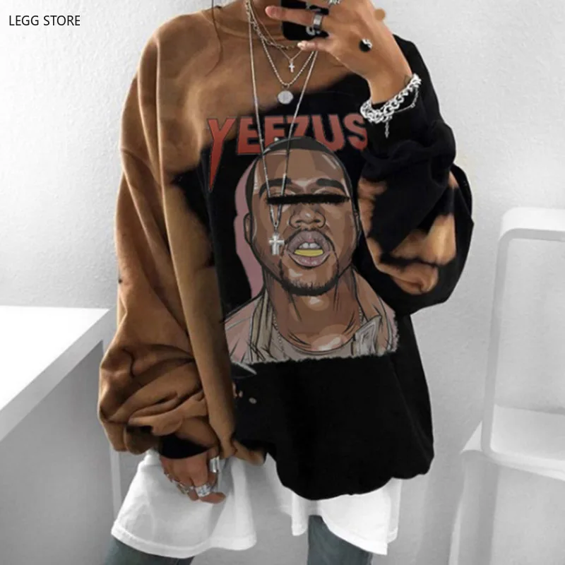 

Hip Hop Printed Panelled Brown Black Fashion Girls Women Sweatshirt 2021 New Autumn Long Sleeve Oversized Loose Casual Plus Size