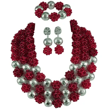 

Majalia Dark red and Silver African Jewelry Set Nigerian Beads Wedding Jewelry Sets 3qq-12