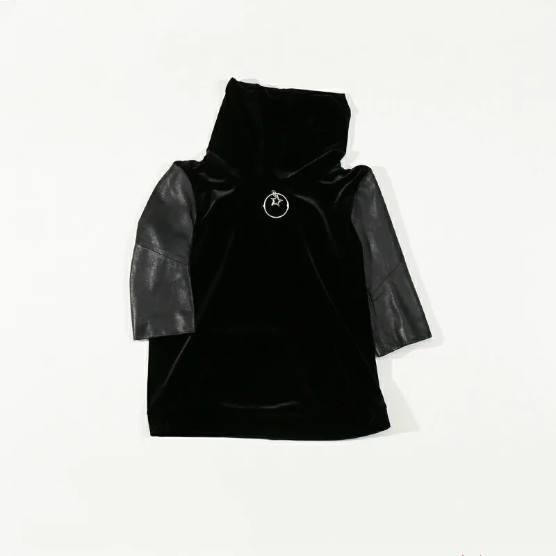 

2020 spring new Women's Shirt Genuine Leather Pittching High Neck Half Sleeve Black Korean Fashion Real Sheepskin Ladies Blouse