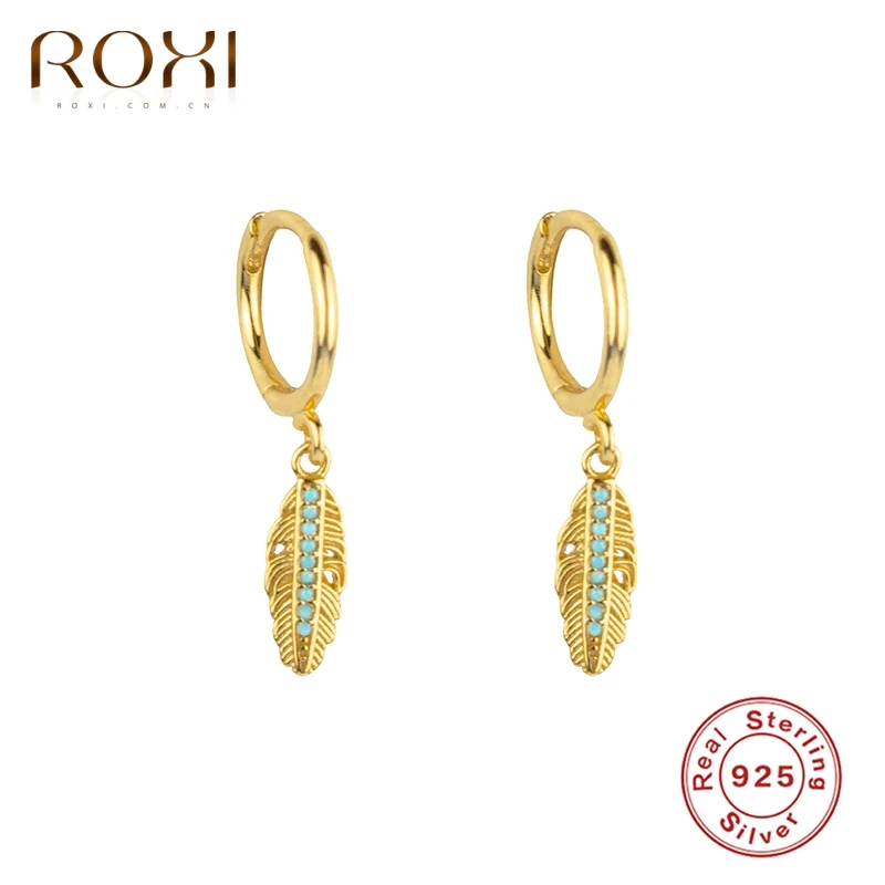 

ROXI Vintage Blue Stone Turquoise Feather Hoop Earrings for Women Leaf Jewelry Cartilage Earrings 925 Sterling Silver Pendientes