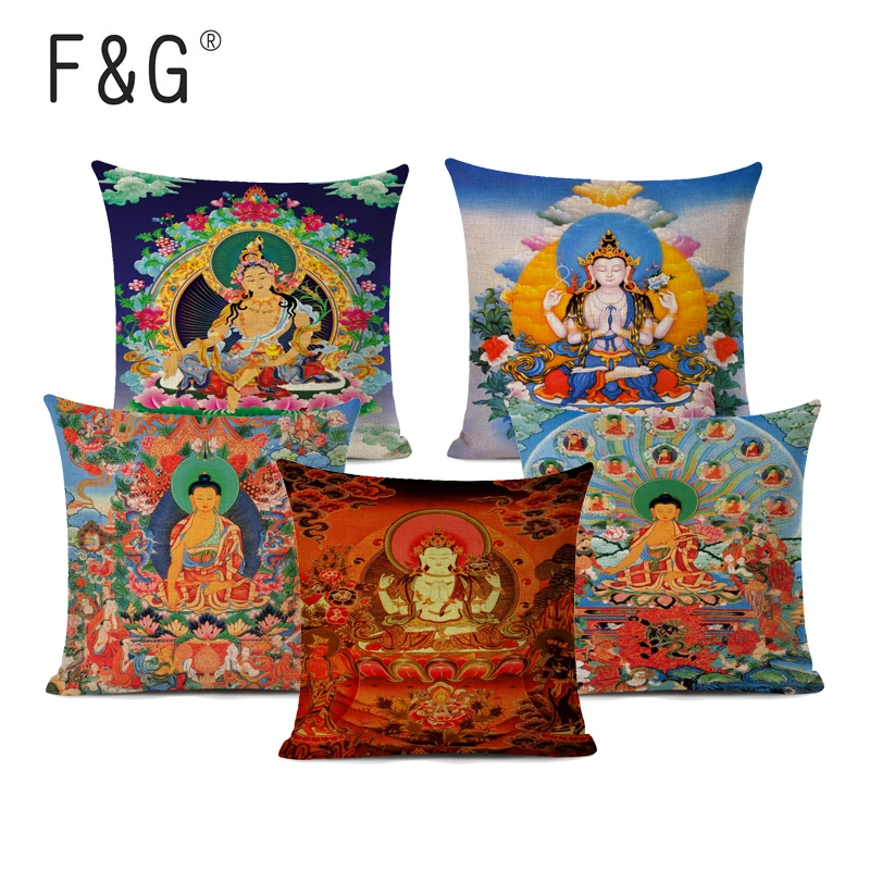 Indian Buddha Decorative Cushion Cover Religious Shakyamuni Four-armed Guanyin Pillowcase for Sofa Home Decor Linen Pillow | Дом и сад