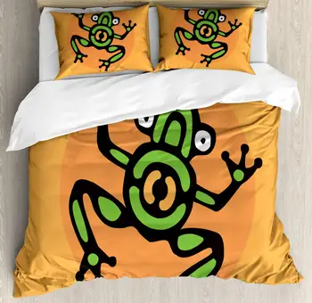 

Frogs Duvet Cover Set Aztec Inspired Amphibian Animal 3 Piece Bedding Set Pale Orange Apricot Lime Green and Charcoal Grey
