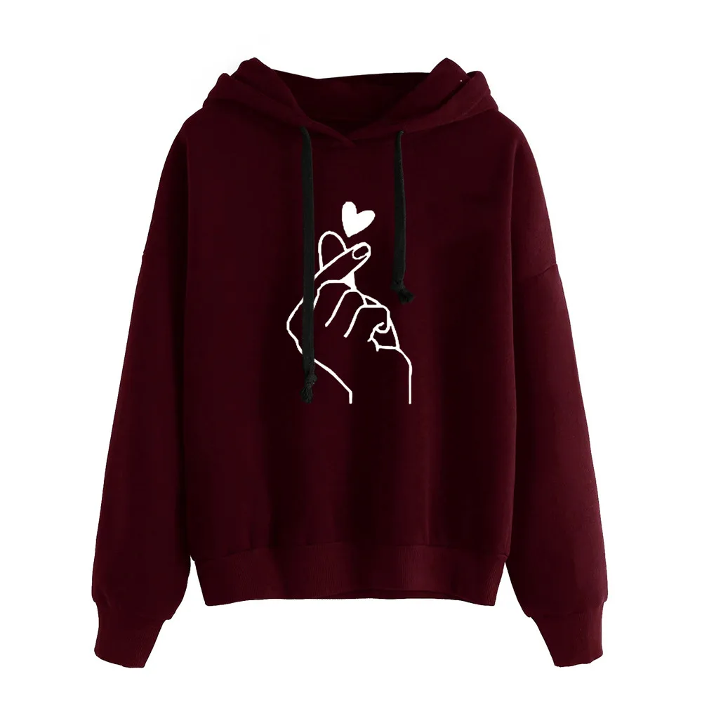 

Solid Cute Finger Love Hoodie Sweatshirt Womens Long Sleeve Hooded Pullover Autumn Winter Drawstring Warm Tops Moletons#Y3