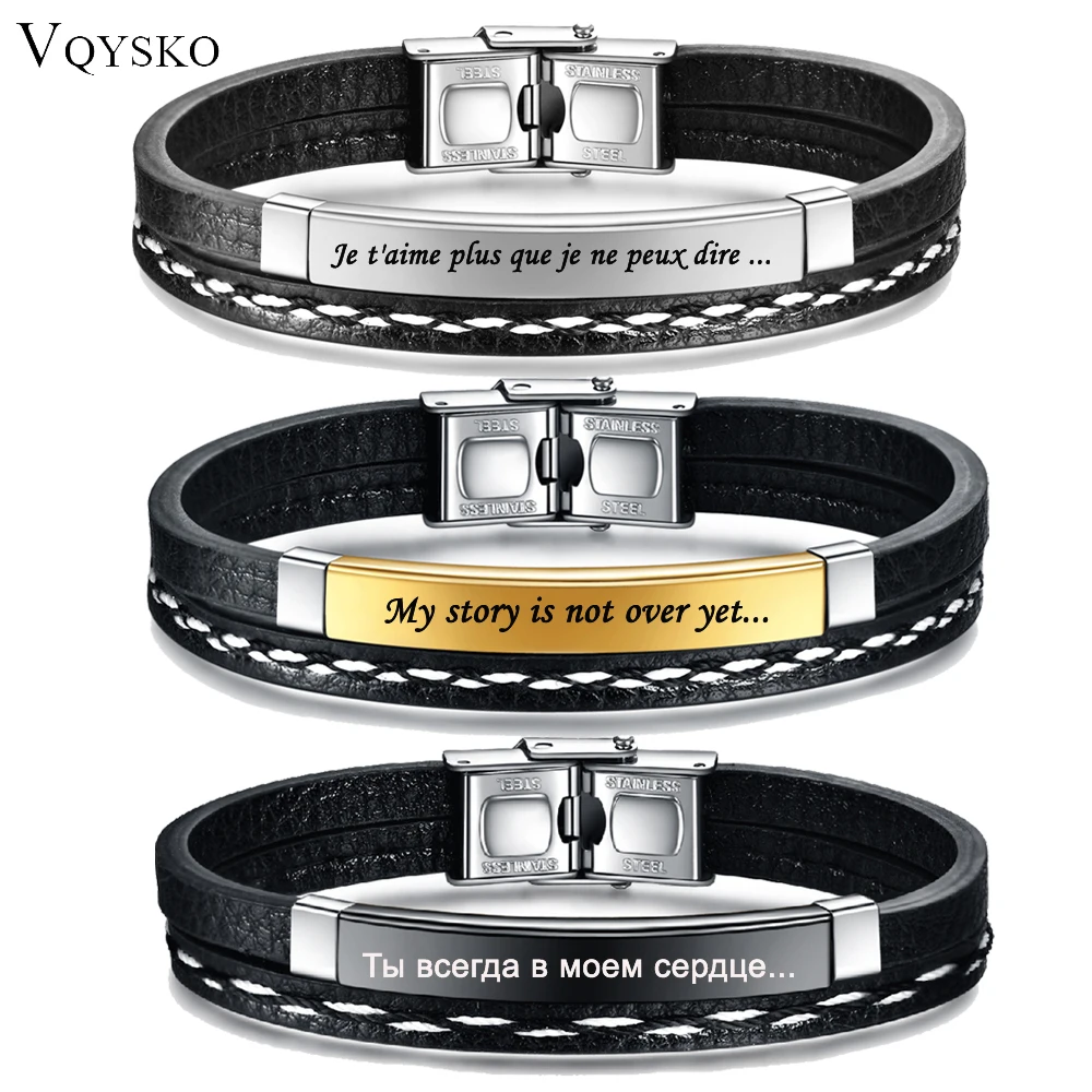 Customizable Leather Bracelets for Men Women Name Text Logo Engraving Stainless Steel Casual Personalized Jewelry Bracelet New