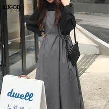 RUGOD 2019 nueva camisa de otoño para mujer o vestido de Color oscuro sistema Vintage coreano elegante traje cordón cintura vestido Delgado Suelto tops