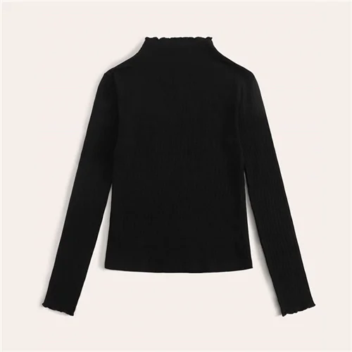 Черный Dotfashion, повседневная, с воланами, на шее, ребристая вязка, футболка для женщин, осень, одноцветная, стоячий воротник, футболка, топы для девушек, базовый топ с отделкой - Цвет: Черный