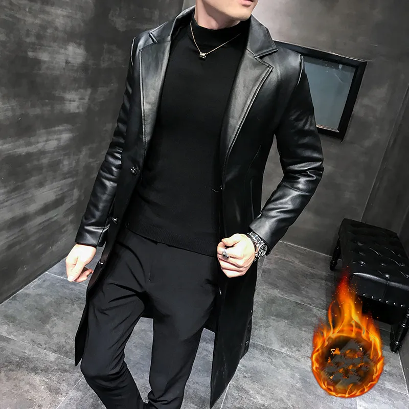 Black Friday Autumn and Winter Fashion Men's Long Hair Collar Cotton Thickened Slim Men Leather Jacket