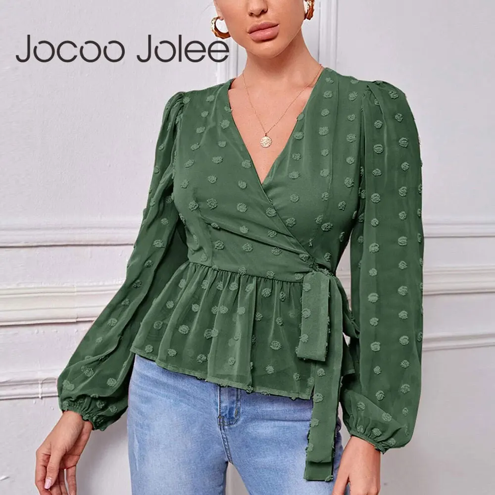 

Jocoo Jolee Elegant Solid Chiffon Bloose Office Lady Sexy Lantern Sleeve V Neck Lace Up Tunic Tops Autumn Clothing Casual Tops