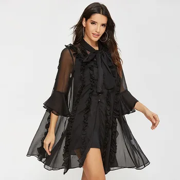 

TOP QUALITY Newest 2020 Stylish Runway Suit Set Women's 3/4 Sleeve Bow Collar Ruffles Chiffon Dress