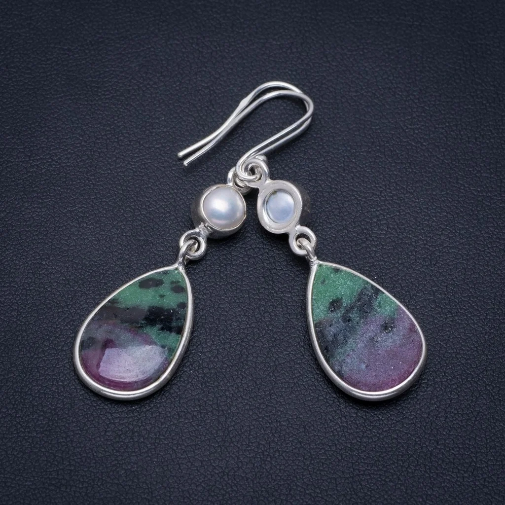 

Natural Ruby Zoisite and River Pearl Handmade Unique 925 Sterling Silver Earrings 2" A2687