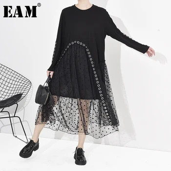 

[EAM] Women Dot Prinetd Mesh Split Big Size Dress New Round Neck Long Sleeve Loose Fit Fashion Tide Spring Autumn 2020 1S807