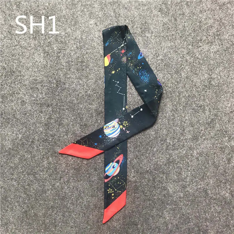 White Classic 3D Print Planet Silk Scarf Women Luxury Brand Scarf Bag Ribbons Fashion Head Scarf Small Long Skinny Scarves B035 - Цвет: White