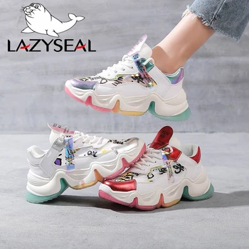 

LazySeal Height Increasing Sneaker Women Lace-up Air Mesh Sequined Colorful Sole Breathable Female Chunky Summer Sneakers Shoes