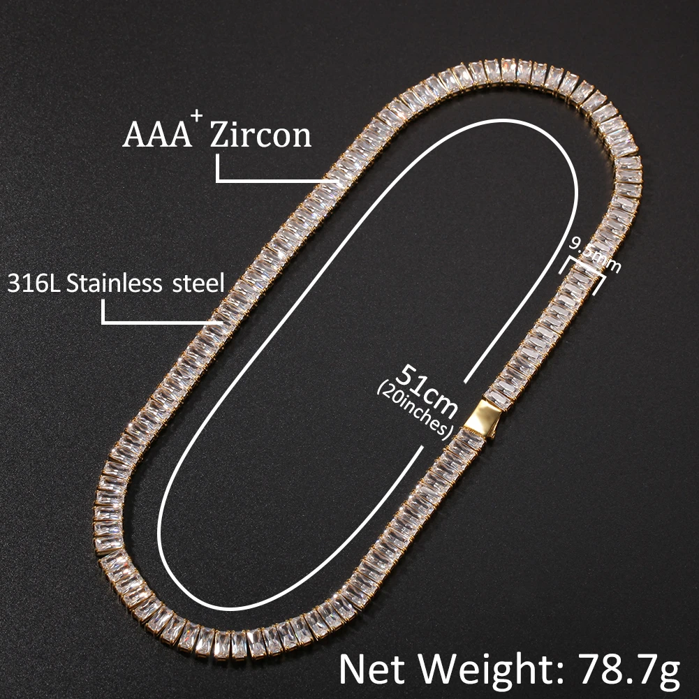 9.5mm Square Zircon Tennis Lovely Iced Out Stainless Hip Hop Mens Bling Bling Gold Silver Tennis Necklace 18inch 20inch16inch
