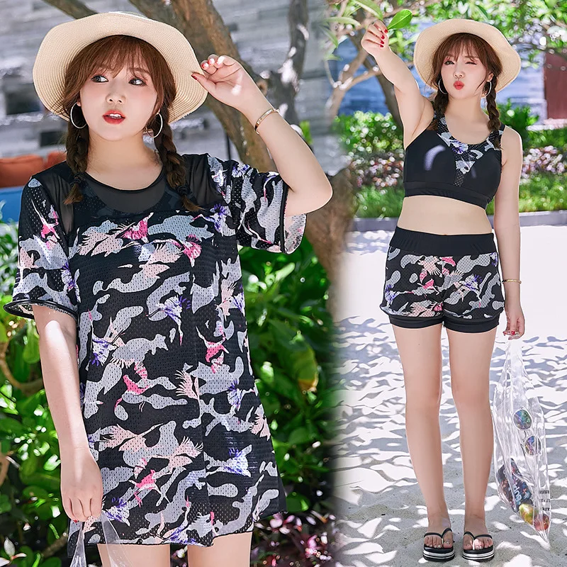 

2019 New Style Korean-style Fashion Two-piece Swimsuits Conservative Cover-up Three-piece Set Beach Holiday Printed WOMEN'S Swim