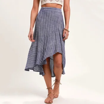 

Summer Sexy Women Skirts High Waist Ruffles Loose Beach Skirt Denim Blue Stripe Print Irregular Midi Skirt Elegant Female Bottom